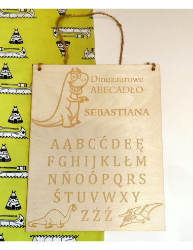 Abecadło dinozaury drewniana tabliczka