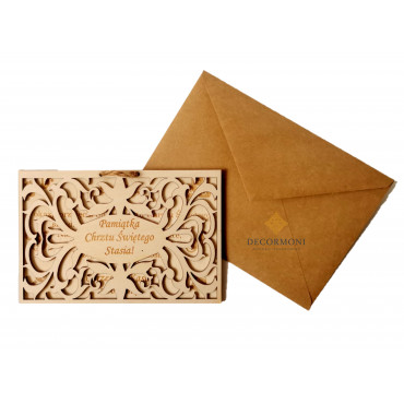 kartka na chrzest boho drewniana 2