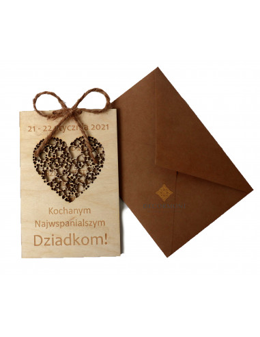 laurka dla dziadków, drewniana kartka z drewna
