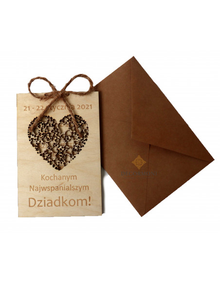 laurka dla dziadków, drewniana kartka z drewna
